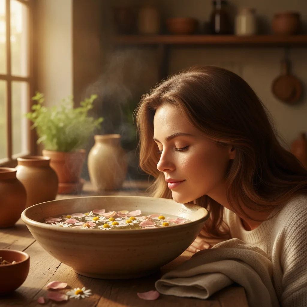 Woman enjoying a herbal facial steam at home